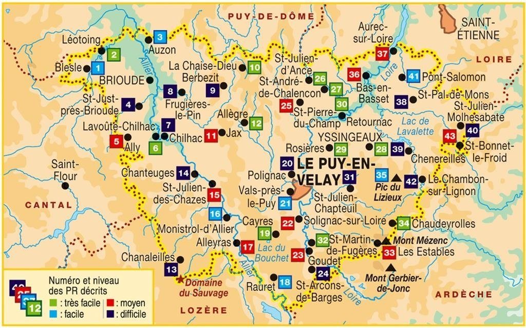 Carte des randonnées en Haute-Loire desservies par Taxi Daniels : sentiers GR70, GR65, GR700 et villages accessibles en transfert taxi pour randonneurs